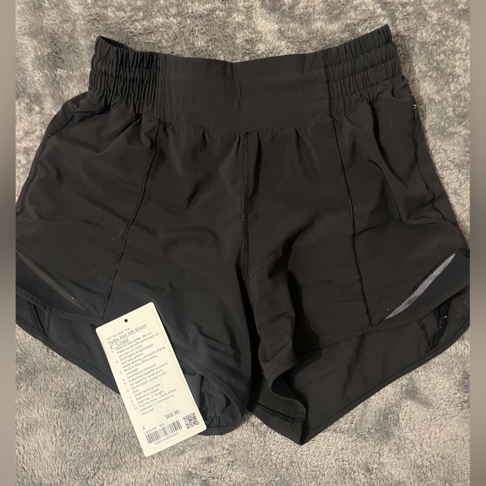 size 4, 4 inch high rise black lulu hotty hots